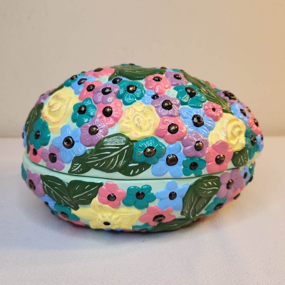 Vintage Painted Ceramic Floral Easter Egg Candy Trinket Dish Easter Spring Color